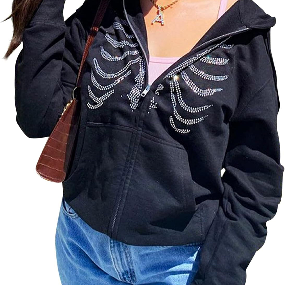 Women Y2K Skeleton Graphic Oversized Hooded Sweatshirts Zip up Drawstring Hoodies Pullover Jackets Coat Top A-Black