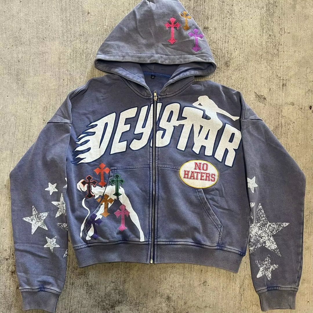 Y2K Trend Brand Streetwear Goth Harajuku Retro Colorful Cross Print Zipper Hoodie Hip Hop Punk Style Casual Oversized Sweatshirt