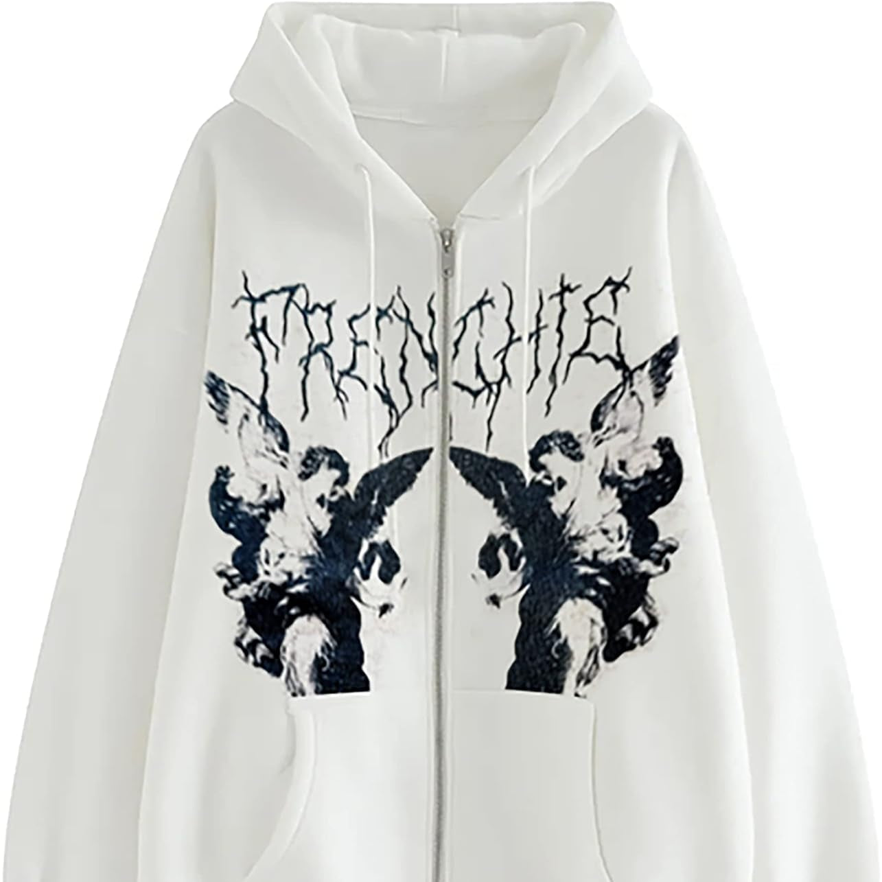 Women Oversized Angel Dark Print Hoodie Full Zip Harajuku E-Girl 90S Aesthetic Hooded Sweatshirt Jacket Coat White